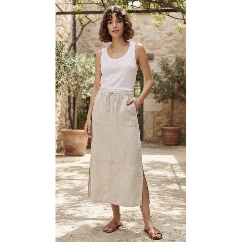 Garnet Hill Linen Midi Long Skirt Women Sz 8 Beige Tan Boho Pockets